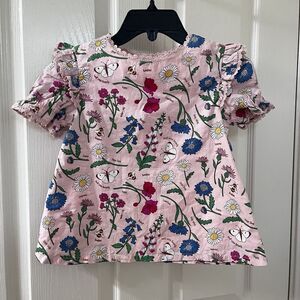 Mini Boden Pink Wildflower Garden Butterfly Bee Blouse Ruffle Sleeve Girls 5-6?